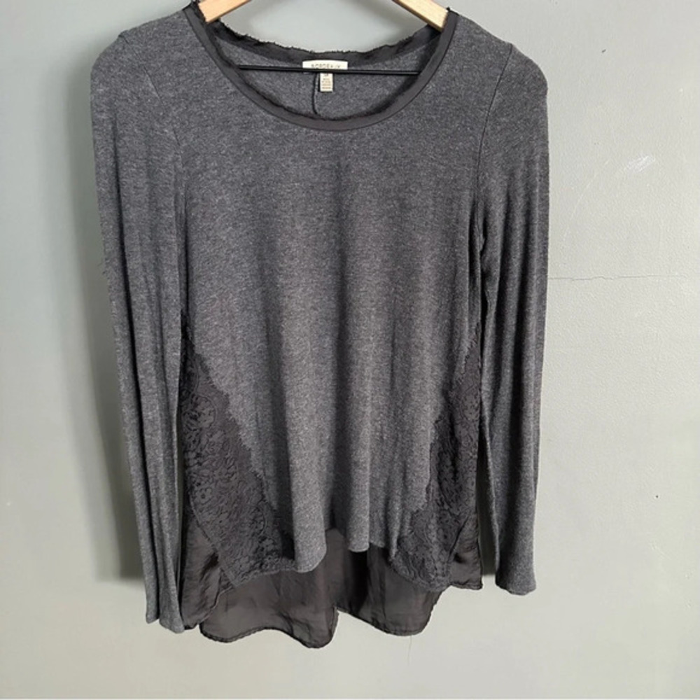 Bordeaux Grey and Black top with Lace detail‎ and sheer backing. Small
